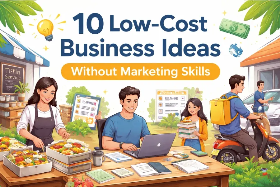 Low-Cost Business Ideas without marketing skills including tiffin service, freelancing, delivery, and small local businesses
