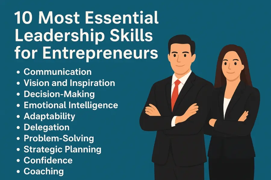 Infographic showing the 10 most essential leadership skills for entrepreneurs, including communication, decision-making, emotional intelligence, and strategic planning, with illustrated businessman and businesswoman on a teal background.