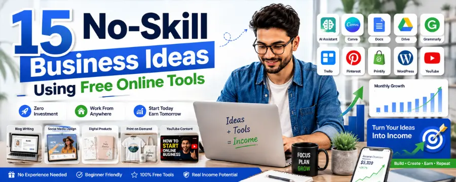 Banner image for No-Skill Business Ideas Using Free Online Tools showing a young entrepreneur using AI tools, free business software, digital products, and online income ideas from a modern home office.