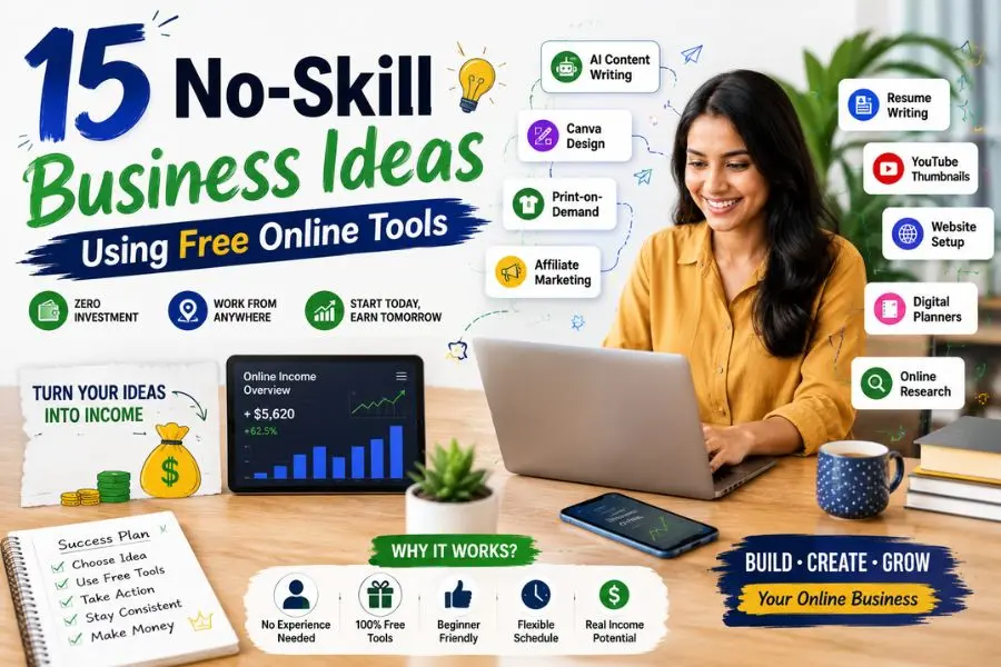 No-Skill Business Ideas Using Free Online Tools banner featuring a beginner entrepreneur using AI tools, digital marketing resources, and online business ideas to earn money from home.