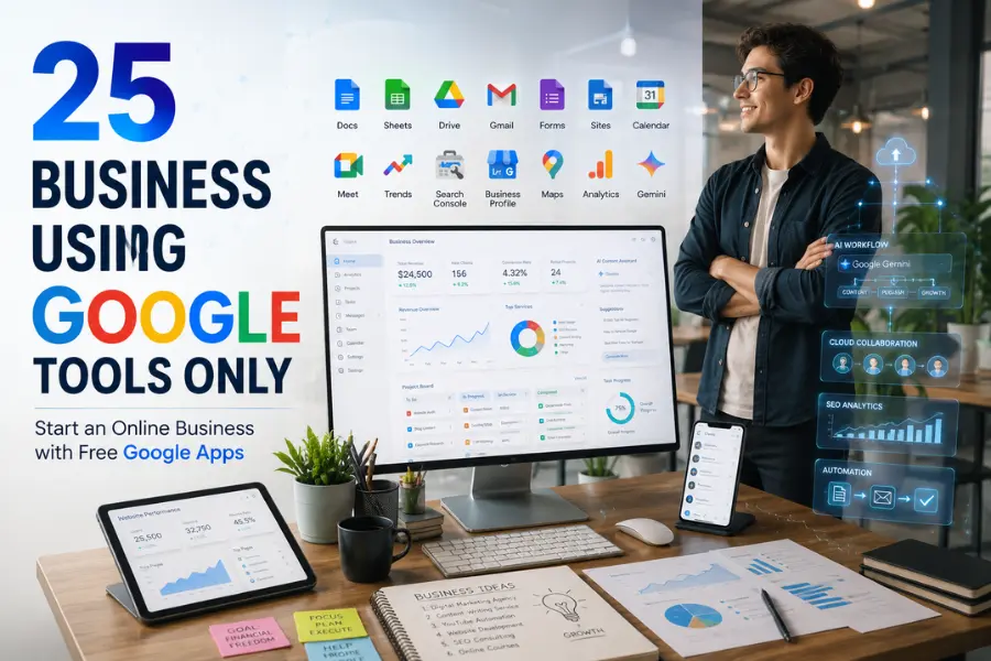 Business Ideas Using Google Tools Only banner showing a modern entrepreneur using Google Workspace apps including Docs, Sheets, Drive, Gmail, Gemini, Analytics, and Business Profile to build an online business.