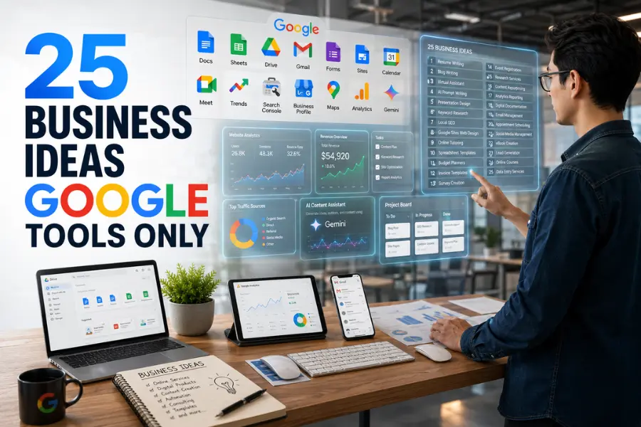 Business Ideas Using Google Tools Only banner featuring a modern entrepreneur using Google Workspace apps including Google Docs, Sheets, Drive, Gmail, Google Gemini, Analytics, and Business Profile to build an online business.