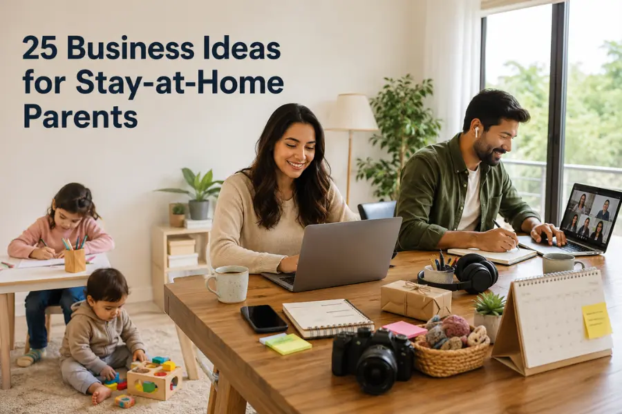 Two stay-at-home parents working from home while caring for their children, showcasing business ideas for stay-at-home parents in a modern home office.
