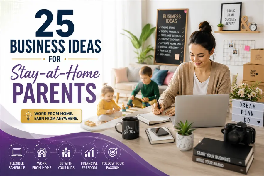 A stay-at-home mother running a home business on her laptop while her children play nearby in a modern home office, representing business ideas for stay-at-home parents.