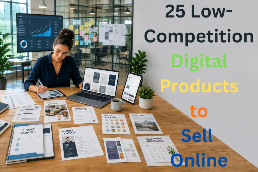 Creative entrepreneur working in a modern coworking space with printable planners, Canva templates, AI prompt collections, digital stickers, PDF guides, and online business tools displayed on a wooden desk.