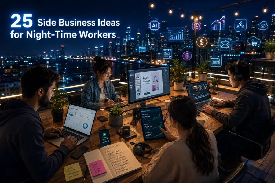 Four entrepreneurs working on a rooftop workspace at night, creating blogs, digital products, affiliate marketing campaigns, and online content for 25 side business ideas for night-time workers.