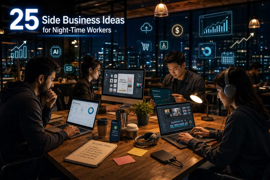 Four night-time professionals working in a modern coworking café on blogging, digital products, affiliate marketing, and video editing, representing 25 side business ideas for night-time workers.