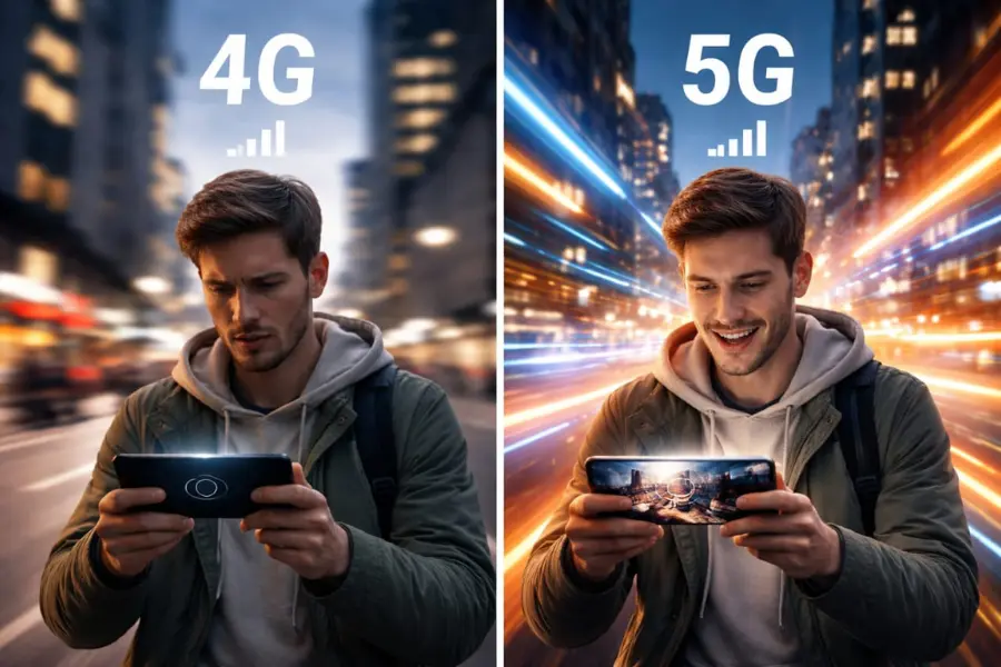 Man using smartphone showing slow 4G vs fast 5G internet speed comparison in urban city with motion blur effect