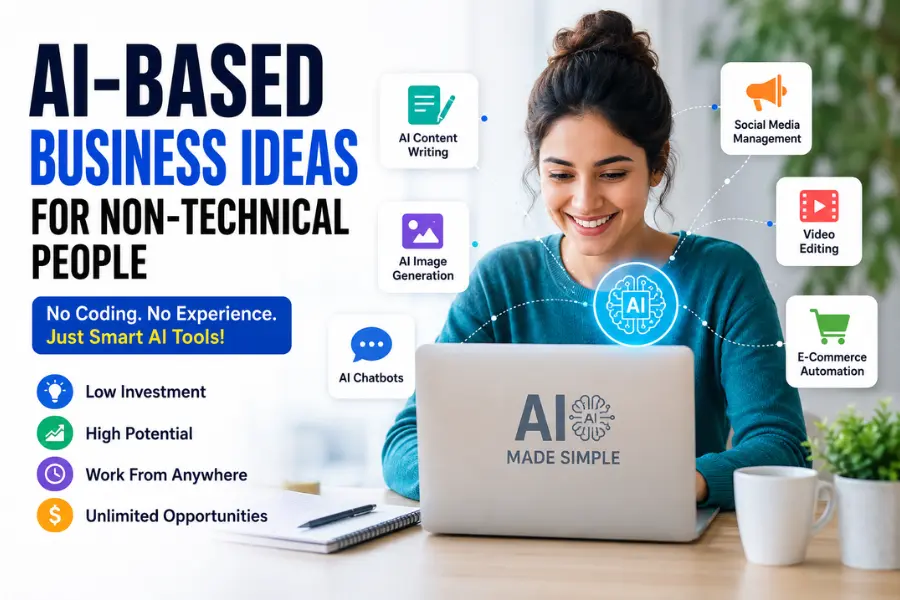 AI-based business ideas for non-technical people showing a woman using laptop with AI tools and digital business icons in a modern workspace