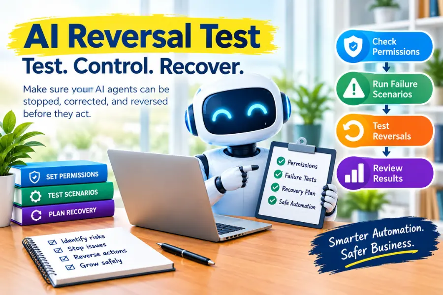 AI Reversal Test showing an AI robot, permission controls, failure scenarios, and recovery planning for safer business automation.