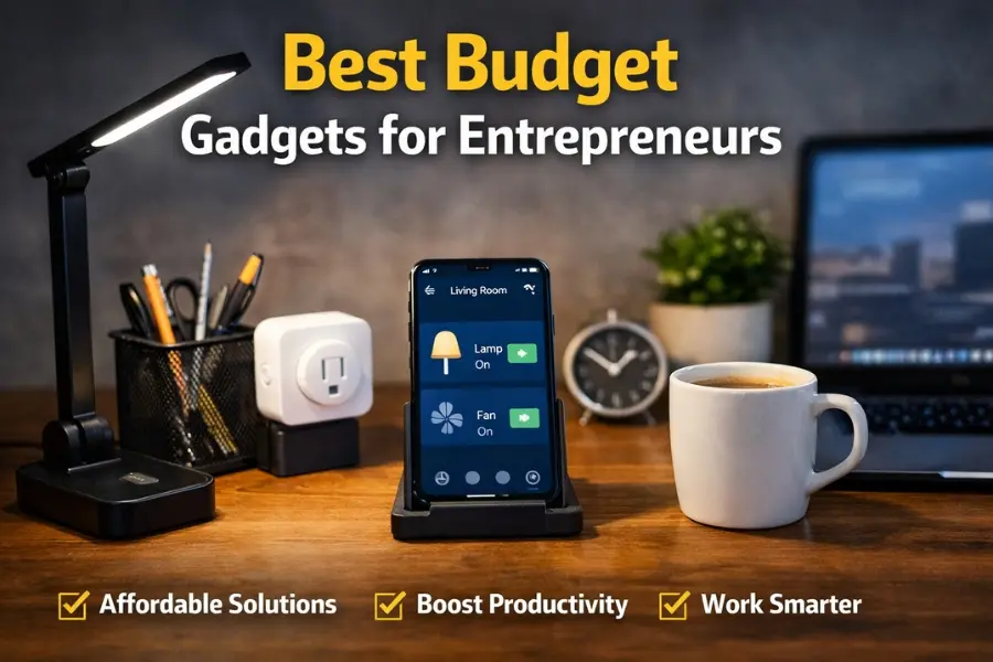 Best Budget Gadgets: Workspace with budget-friendly gadgets for entrepreneurs, including wireless keyboard and mouse, laptop on stand, LED desk lamp, smart notebook, smartphone tripod, and coffee mug, promoting productivity and organization.