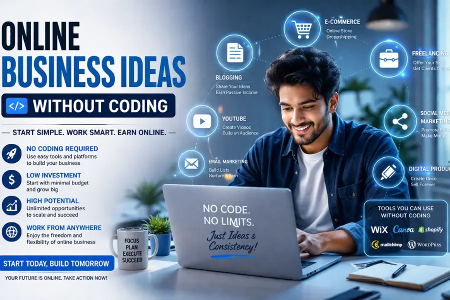 Modern digital workspace showing online business ideas without coding with icons for ecommerce blogging freelancing and social media marketing
