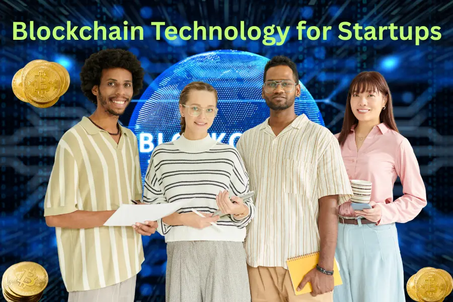 Startup team working together on blockchain for startups project with digital blockchain interface on screen.
