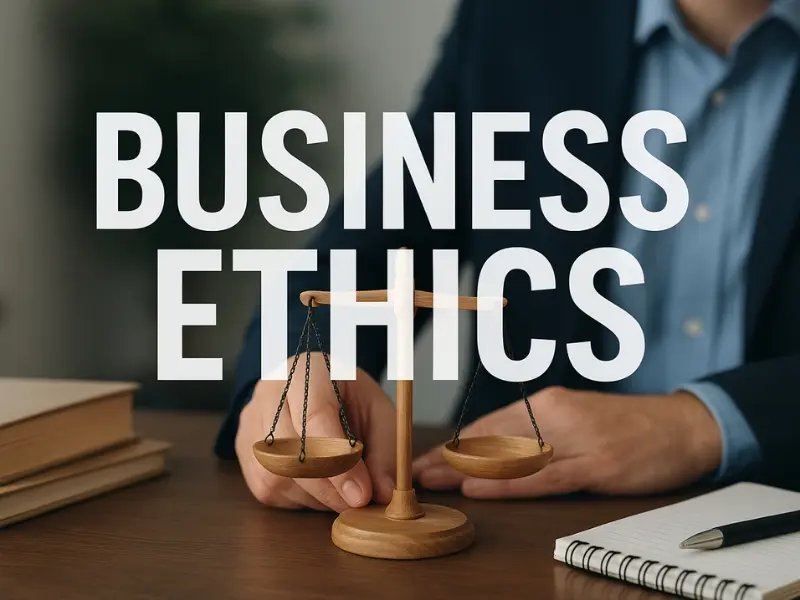 A professional business setting featuring a person holding a wooden balance scale on a desk, symbolizing fairness and ethical decision-making, with the words “Business Ethics” displayed prominently.