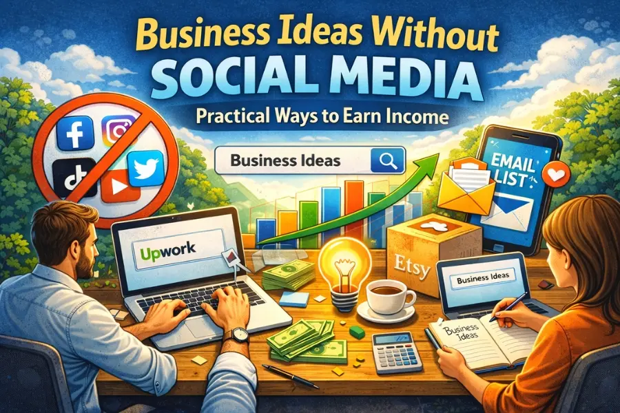 Top-down view of a modern workspace with a laptop, notebook, coffee cup, calculator, money, and charts, illustrating business ideas without social media and ways to earn income quietly and effectively.