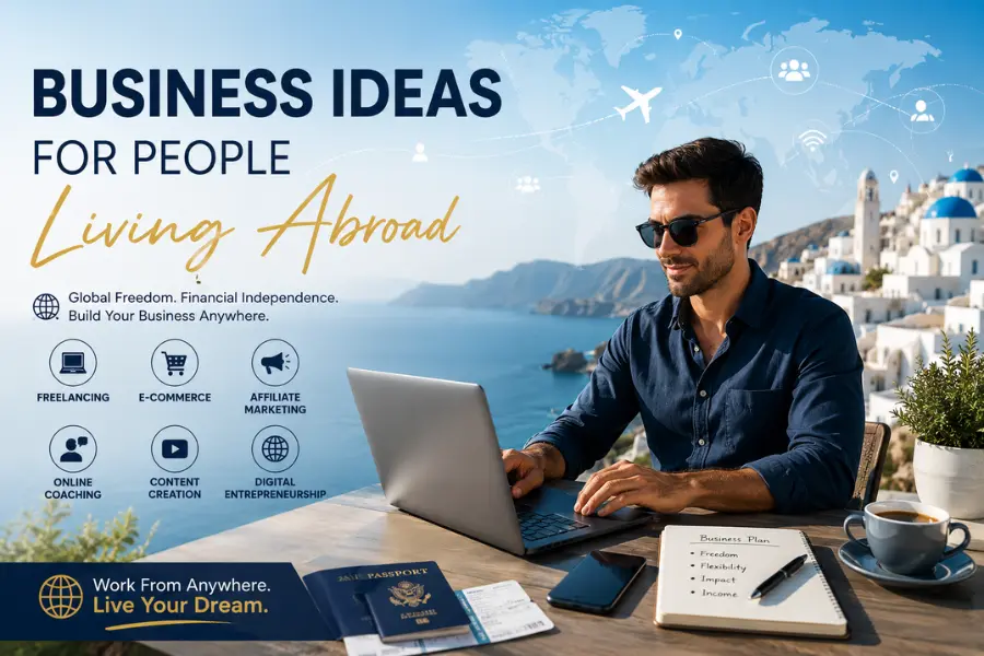Business Ideas for People Living Abroad – Work From Anywhere Opportunities A professional banner showing a remote entrepreneur working on a laptop with global business icons, travel items, and scenic international background for Business Ideas for People Living Abroad.