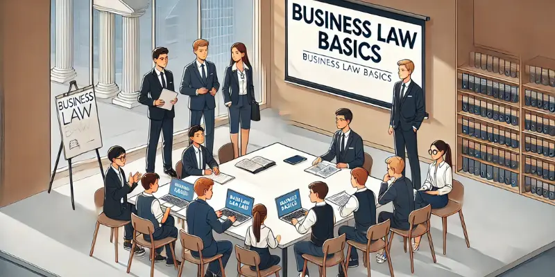 Business Law Basics with young boys and girls in a professional setting. It features clear, simple visuals and includes the words Business Law Basics