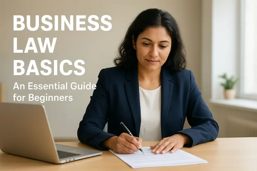 A professional South Asian woman in a navy blazer sits at a desk reviewing documents beside a laptop, symbolizing the concept of business law basics and corporate legal guidance.