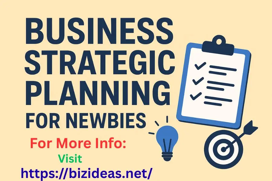 A professional banner with the text “Business Strategic Planning for Newbies,” featuring a clipboard checklist, lightbulb, and target with an arrow, symbolizing planning, ideas, and goals.