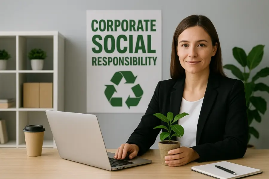 A professional woman sitting at a desk with a laptop, holding a small potted plant in an eco-friendly office environment. Behind her is a poster that reads “Corporate Social Responsibility” with a green recycling symbol, emphasizing sustainability and responsible business practices.