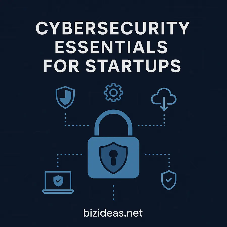 Digital illustration of a padlock surrounded by cybersecurity icons representing essential protections for startups, with the title Cybersecurity Essentials for Startups and website URL "bizideas.net" displayed.