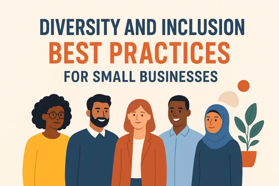 Illustration of five diverse professionals standing together, including men and women of different ethnic backgrounds, with text above them reading “Diversity and Inclusion Best Practices for Small Businesses.”