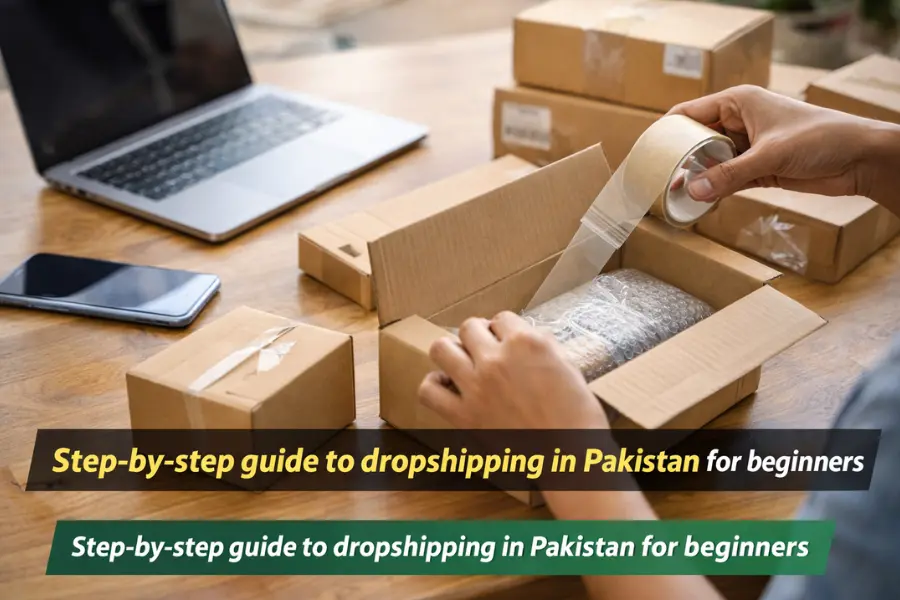 Dropshipping in Pakistan: Preparing dropshipping orders in Pakistan at home with hands packing products, laptop and smartphone visible