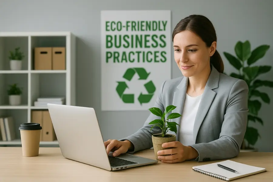 Professional woman working at a desk with a laptop while holding a small potted plant, surrounded by office greenery. A poster in the background reads “Eco-Friendly Business Practices” with a recycling symbol, emphasizing sustainability in the workplace.