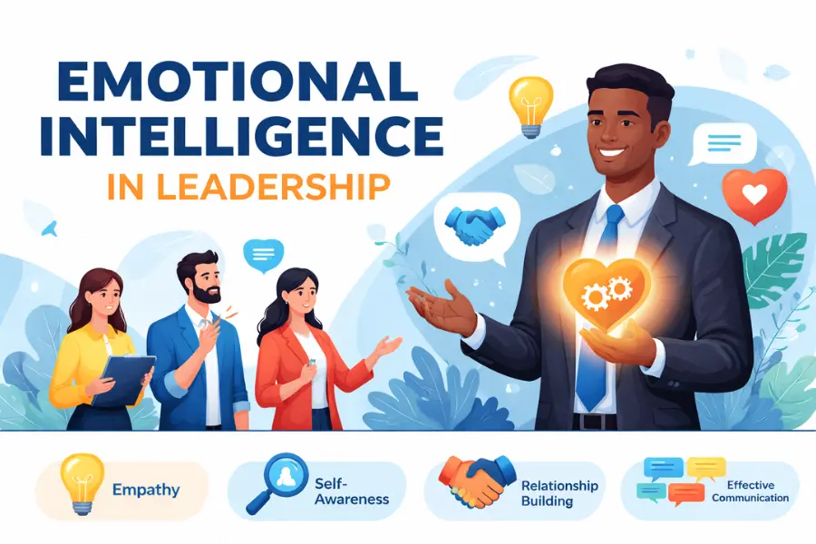 Emotional Intelligence in Leadership – Building Stronger Teams and Effective Leaders Emotional intelligence in leadership concept showing a business leader demonstrating empathy, communication, and relationship building with team members in a professional workplace setting.