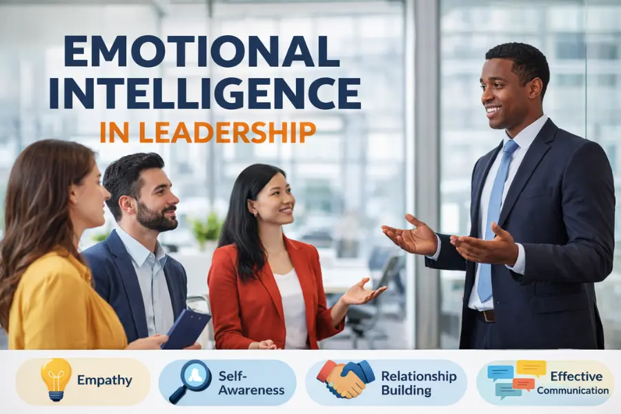 Emotional intelligence in leadership showing a business leader communicating with team members in a modern office, highlighting empathy, self-awareness, relationship building, and effective communication.