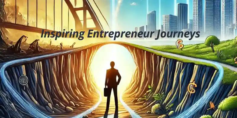 Illustration of an entrepreneur crossing a bridge from struggles to success, symbolizing perseverance and achievement in an inspiring journey