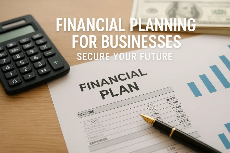 A financial planning workspace featuring a document labelled “Financial Plan,” a calculator, a pen, and a stack of dollar bills, symbolising business finance management and budgeting.
