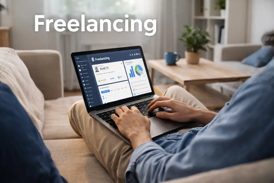 Person working on a laptop from home couch showing freelancing work and laptop-based business ideas in a relaxed environment