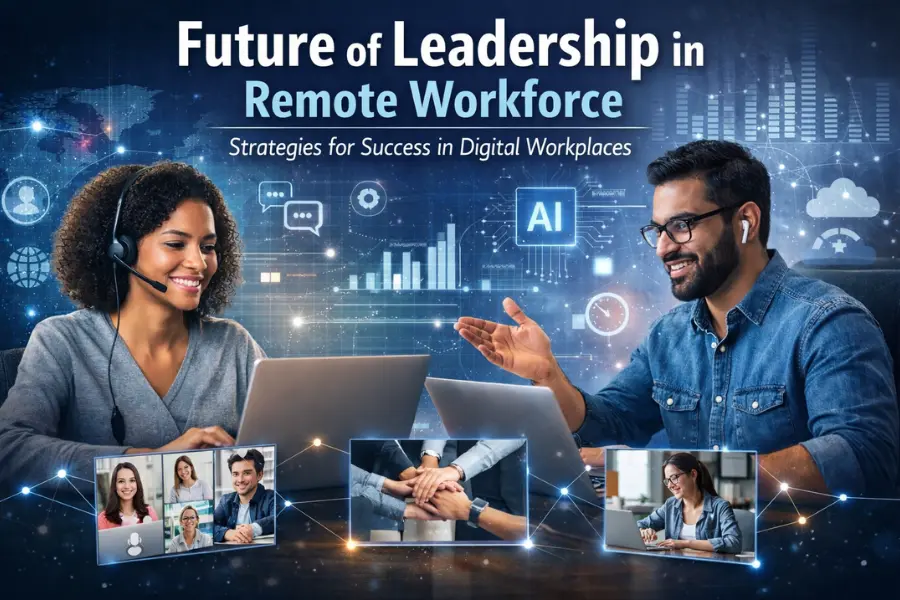 A diverse remote team collaborating online with laptops and video calls, representing the future of leadership in a remote workforce using digital tools and AI technology.