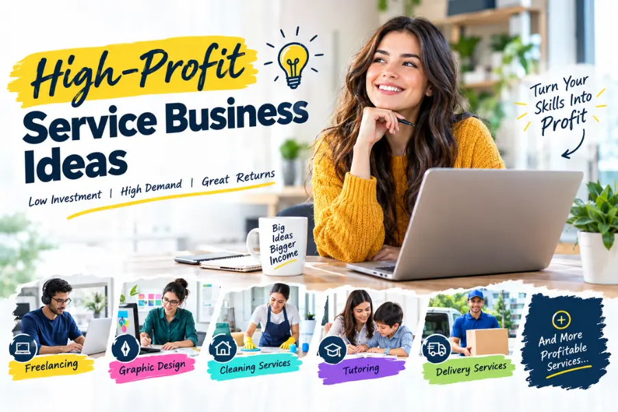 High-Profit Service Business Ideas featuring profitable services like freelancing, graphic design, cleaning, tutoring, and delivery