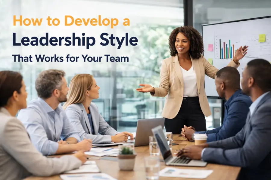 A professional team collaborating in a modern office, discussing strategies and leadership development to improve team performance and engagement, How to Develop a Leadership Style That Works for Your Team.