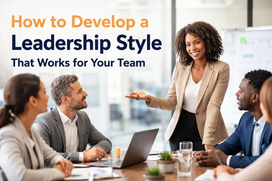 Business leader presenting ideas to a diverse team in a meeting while discussing how to develop a leadership style that works for teams.