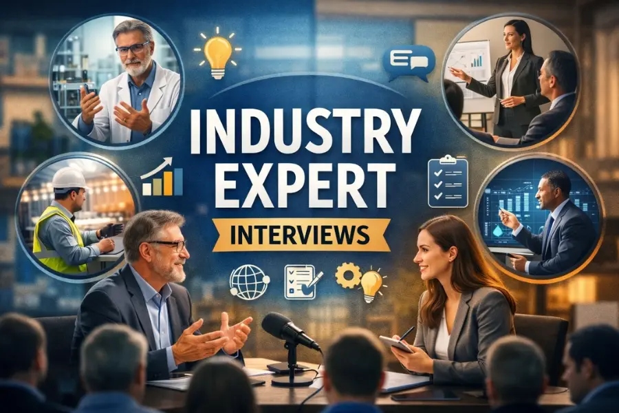 A real-life professional interview scene showing an industry expert speaking into a microphone while an interviewer takes notes, with business professionals and data visuals in the background.