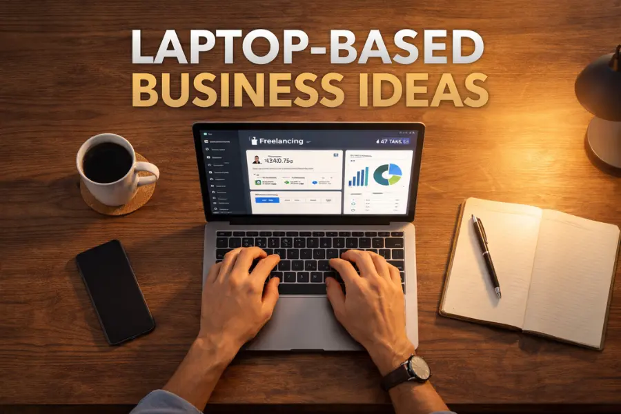 Top view of person working on a laptop with freelancing dashboard, representing laptop-based business ideas and online work from home setup