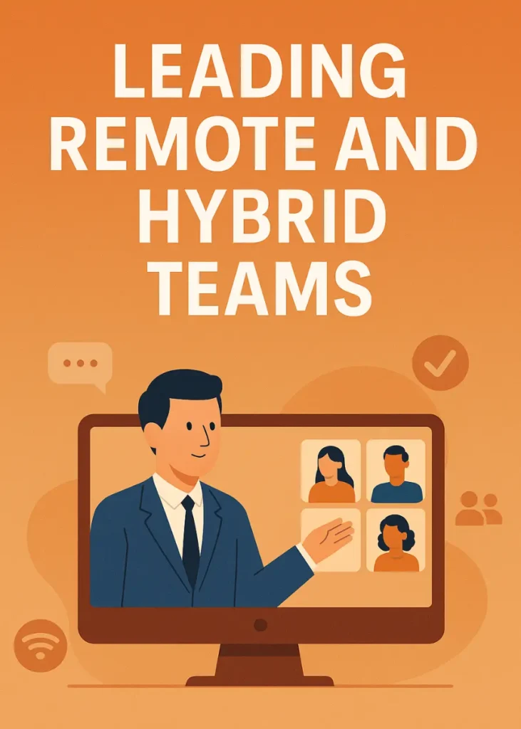 Flat design digital illustration showing diverse team members working remotely and in hybrid setups with laptops, video calls, and collaboration tools.