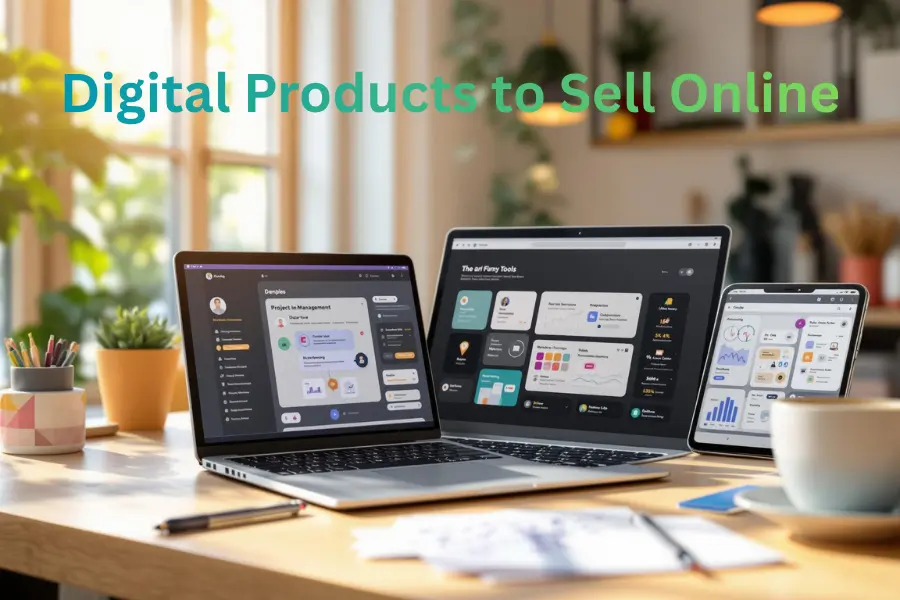 Creative entrepreneur in a coworking studio creating low-competition digital products to sell online with planners, templates, eBooks, spreadsheets, and a sales dashboard.