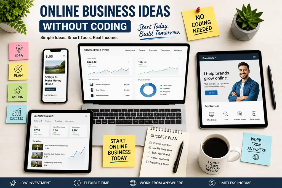 Flat lay workspace showing online business ideas without coding with laptop tablet and phone displaying blogging freelancing and dropshipping dashboards