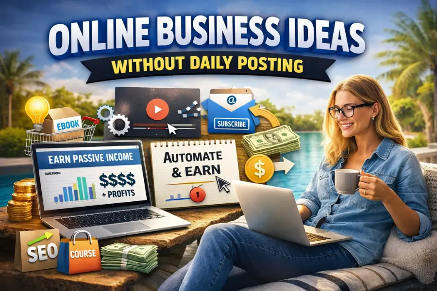 Online Business Ideas Without Daily Posting concept showing automation, SEO, digital products, and passive income business model.