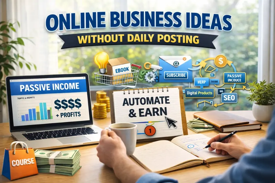 Workspace showing laptop with passive income chart, digital products, SEO icons, and automation concept representing online business ideas without daily posting.