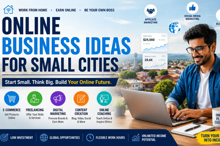 Entrepreneur working on a laptop in a modern home office with digital business icons and a small-city background, showcasing online business ideas for small cities.