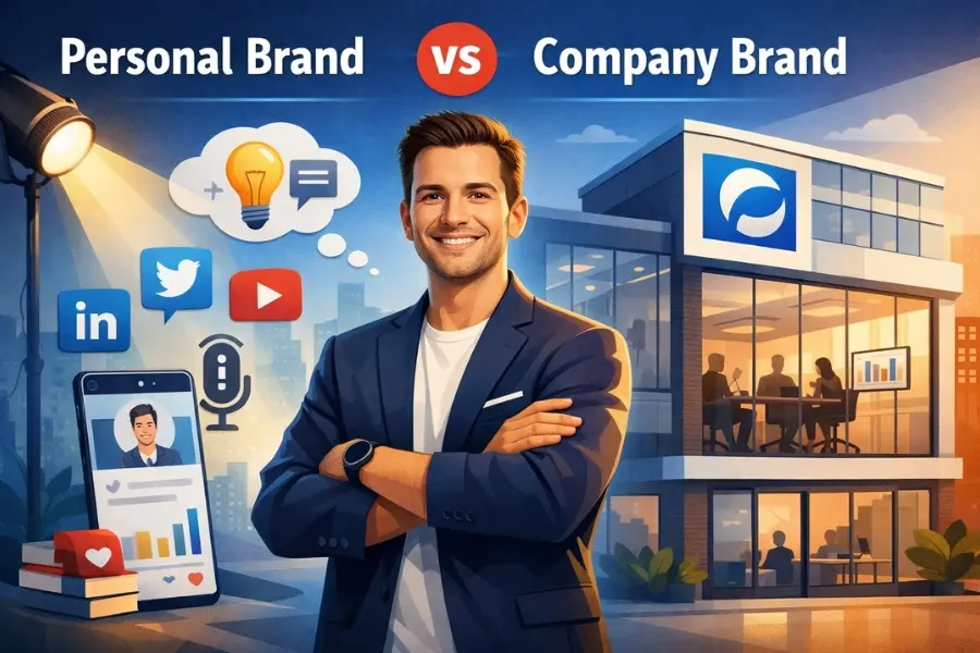 Startup founder standing confidently with arms crossed, representing personal brand on one side with social media icons and company brand on the other side with office and logo, illustrating the difference between personal brand and company brand.