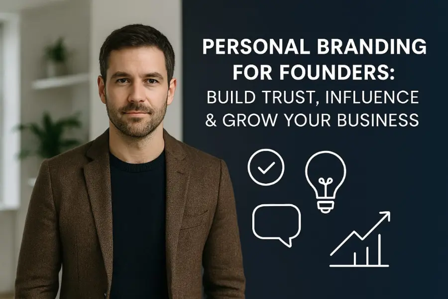 A professionally dressed male founder in a brown blazer stands confidently in a modern office environment, beside bold text reading "Personal Branding for Founders: Build Trust, Influence & Grow Your Business," with icons representing trust, innovation, communication, and growth.