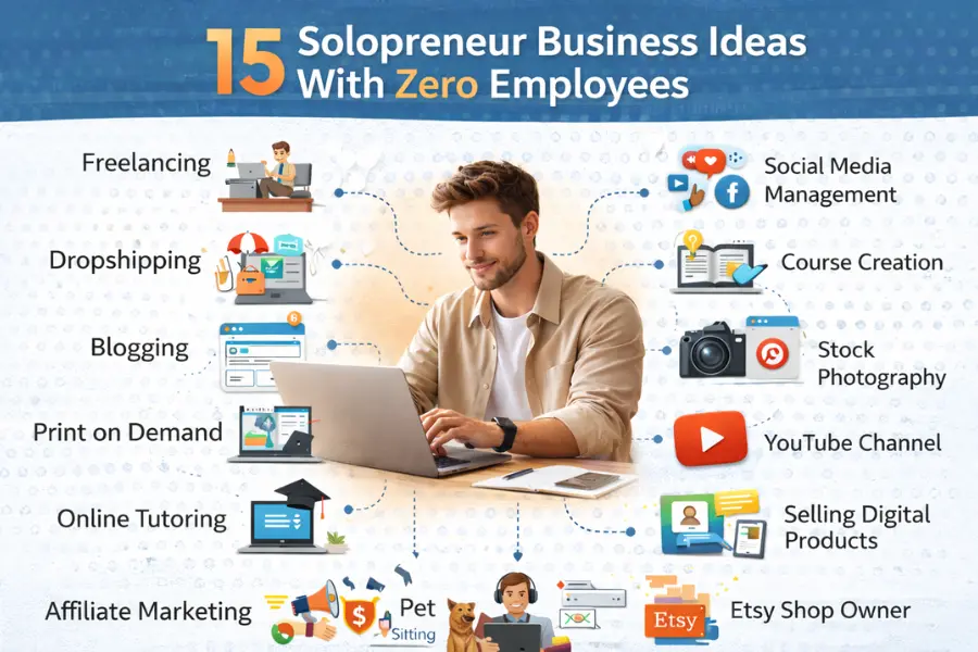 Solopreneur Business Ideas – 15 Profitable One Person Business Options Solopreneur business ideas infographic showing multiple one-person online business opportunities