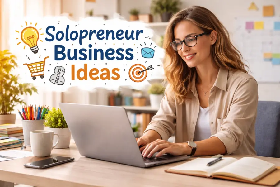 Solopreneur Business Ideas – Creative One Person Business Setup Solopreneur business ideas concept with a woman working on a laptop in a creative home office setup