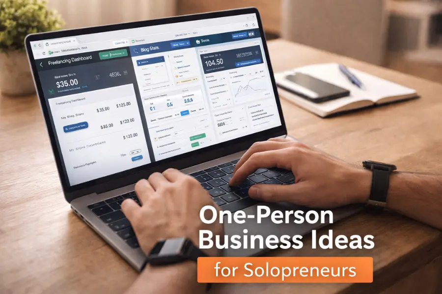 Solopreneur Business Ideas – One Person Online Work Setup Solopreneur business ideas shown on laptop screen with online work setup and productivity tools